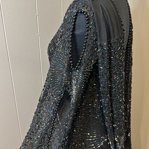 Stunning vintage beaded sequin black plung draped back neckline panel hem midi - Picture 11 of 13
